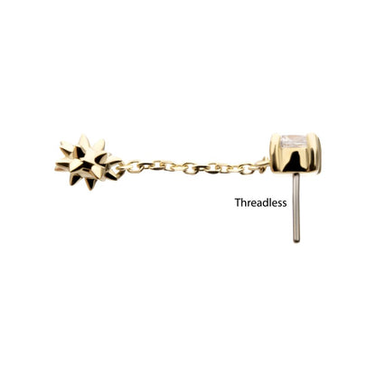 14Kt Gold Threadless Prong Set Gem Top with Mace Ball Dangle