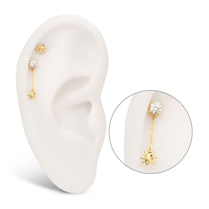 14Kt Gold Threadless Prong Set Gem Top with Mace Ball Dangle