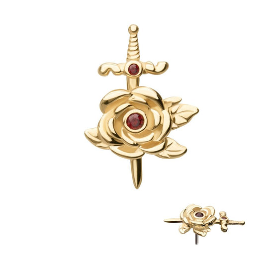 14Kt Yellow Gold Threadless Bezel Garnet Round Gem Rose and Dagger Top