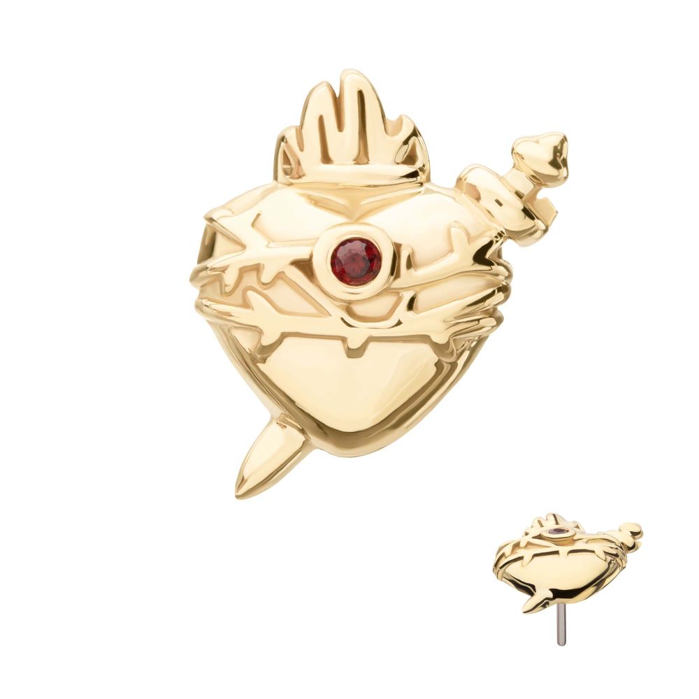 14Kt Yellow Gold Threadless Sacred Heart with Dagger Garnet Bezel Gem Top