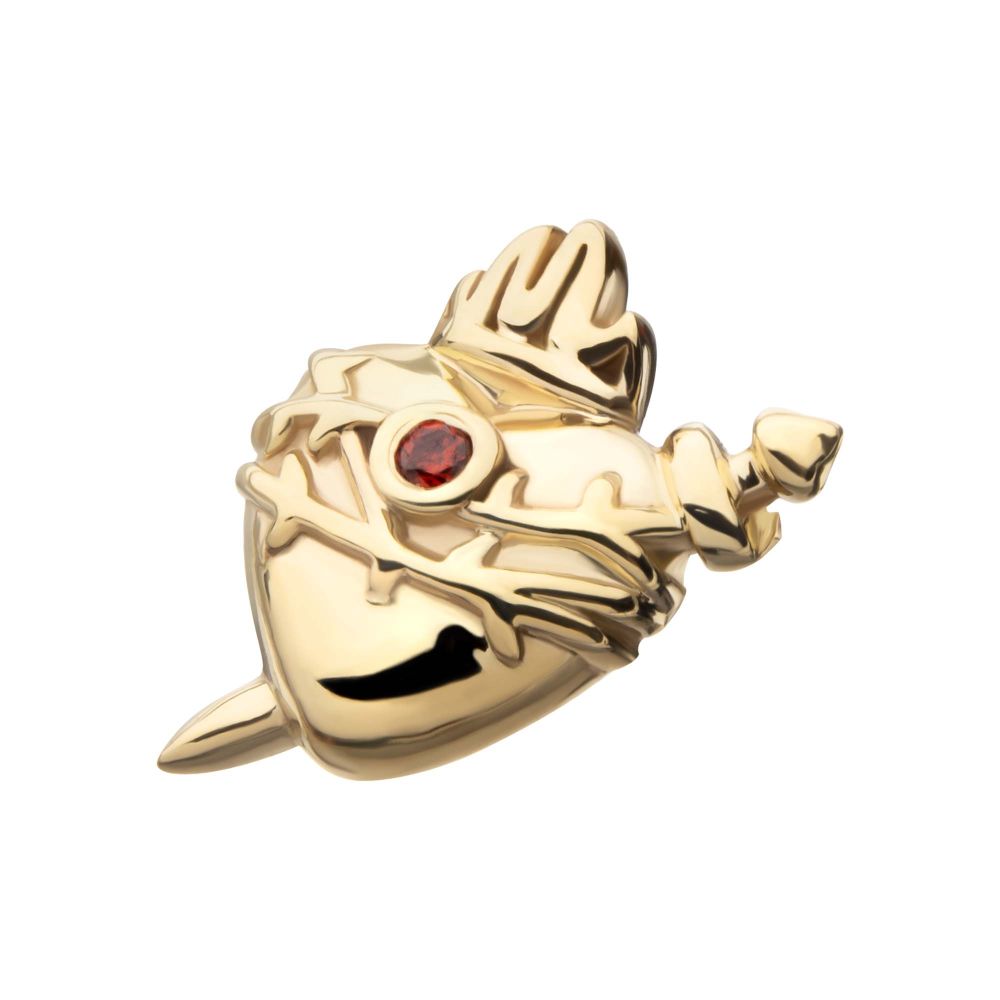14Kt Yellow Gold Threadless Sacred Heart with Dagger Garnet Bezel Gem Top