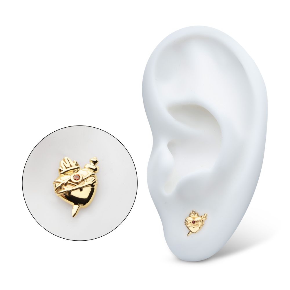 14Kt Yellow Gold Threadless Sacred Heart with Dagger Garnet Bezel Gem Top