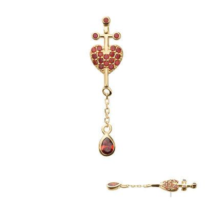 14Kt Yellow Gold Threadless Dagger Heart Top with Pave Garnet Gem & Teardrop Chain Dangle