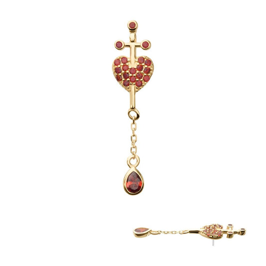 14Kt Yellow Gold Threadless Dagger Heart Top with Pave Garnet Gem & Teardrop Chain Dangle