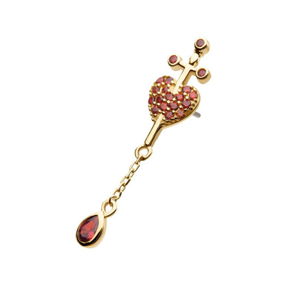 14Kt Yellow Gold Threadless Dagger Heart Top with Pave Garnet Gem & Teardrop Chain Dangle