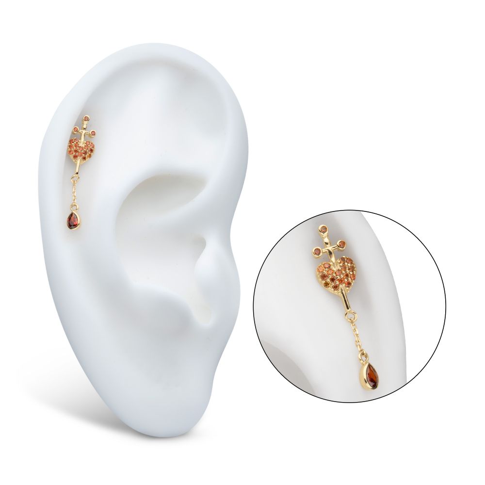 14Kt Yellow Gold Threadless Dagger Heart Top with Pave Garnet Gem & Teardrop Chain Dangle