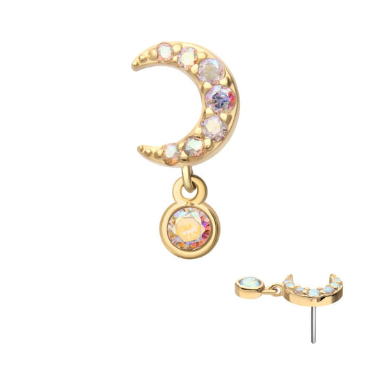 14Kt Yellow Gold Threadless Pave Set Gem Crescent Moon Top with Bezel Round Dangle