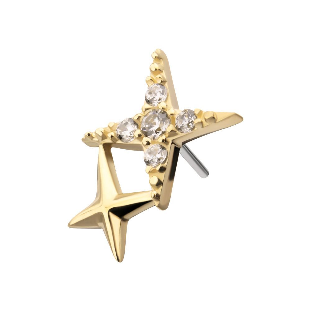 14Kt Gold Threadless Pave Set Round Gem Double Celestial Star Top
