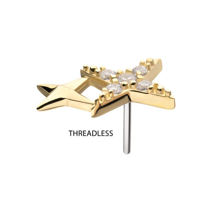 14Kt Gold Threadless Pave Set Round Gem Double Celestial Star Top