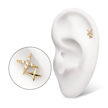 14Kt Gold Threadless Pave Set Round Gem Double Celestial Star Top