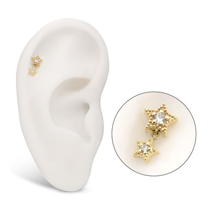 14Kt Yellow Gold Threadless Milgrain Edge Double Star Dangle Top with Prong Set Gem