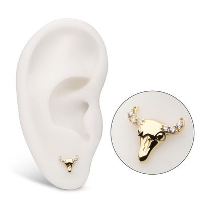 14Kt Yellow Gold Threadless 2D Steer Head Top with Prong Set Gem