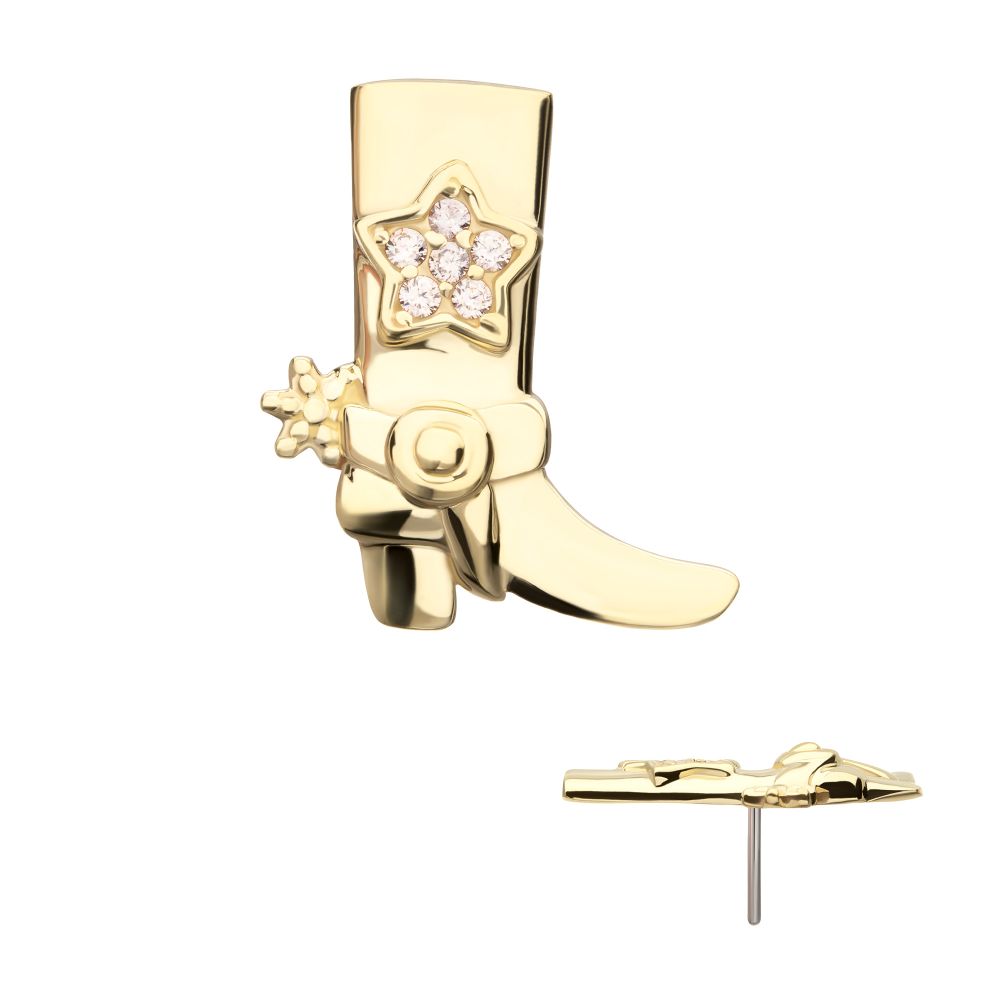 14Kt Yellow Gold Threadless Cowboy Boot Top with Inlayed Pave Gem Star