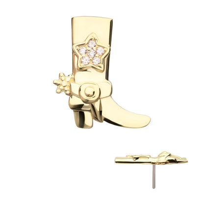 14Kt Yellow Gold Threadless Cowboy Boot Top with Inlayed Pave Gem Star