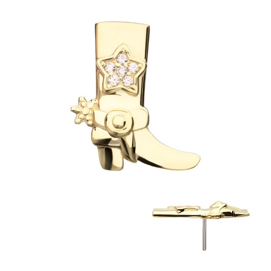 14Kt Yellow Gold Threadless Cowboy Boot Top with Inlayed Pave Gem Star