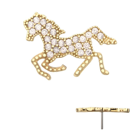 14Kt Yellow Gold Threadless Milgrain Edge Gallopping Horse Top with Pave Gem