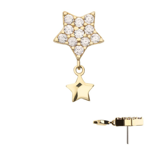 14Kt Yellow Gold Threadless Pave Gem Star Top with Gold Star Dangle