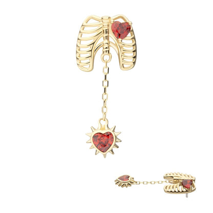 14Kt Yellow Gold Threadless Prong Set Heart Gem Rib Cage Top with Spike Heart Dangle