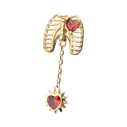 14Kt Yellow Gold Threadless Prong Set Heart Gem Rib Cage Top with Spike Heart Dangle