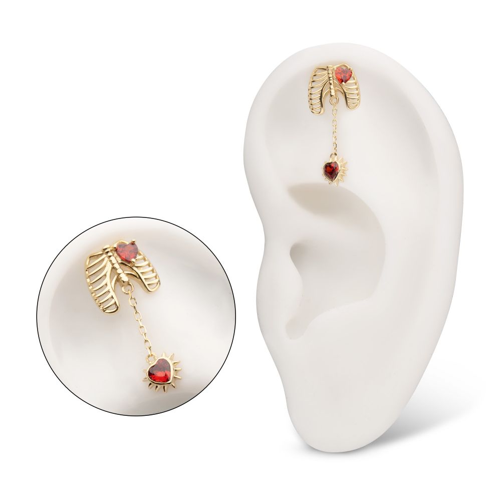 14Kt Yellow Gold Threadless Prong Set Heart Gem Rib Cage Top with Spike Heart Dangle