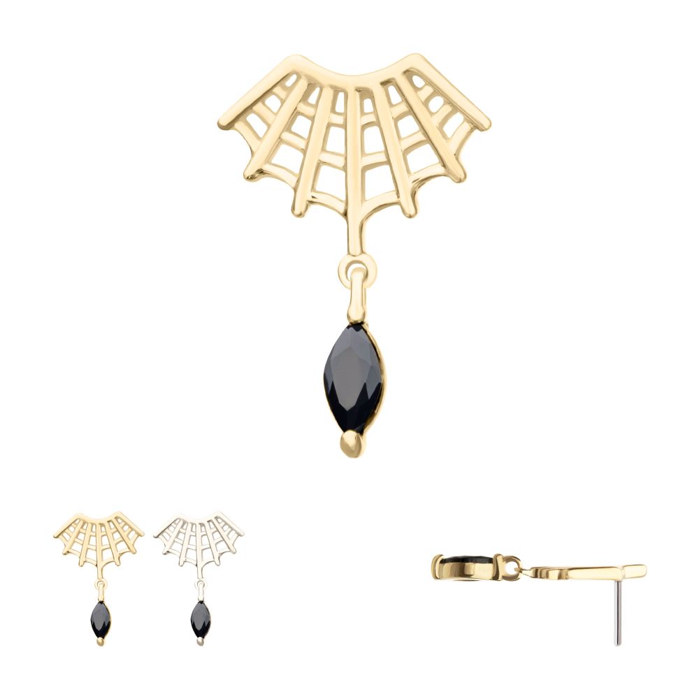 14Kt Gold Threadless Fan Shape Spiderweb Top with Black Marquise Gem Dangle