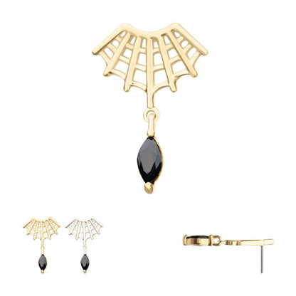 14Kt Gold Threadless Fan Shape Spiderweb Top with Black Marquise Gem Dangle
