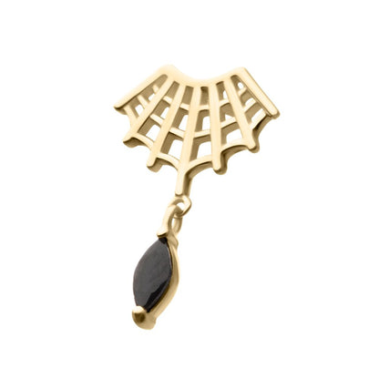 14Kt Gold Threadless Fan Shape Spiderweb Top with Black Marquise Gem Dangle