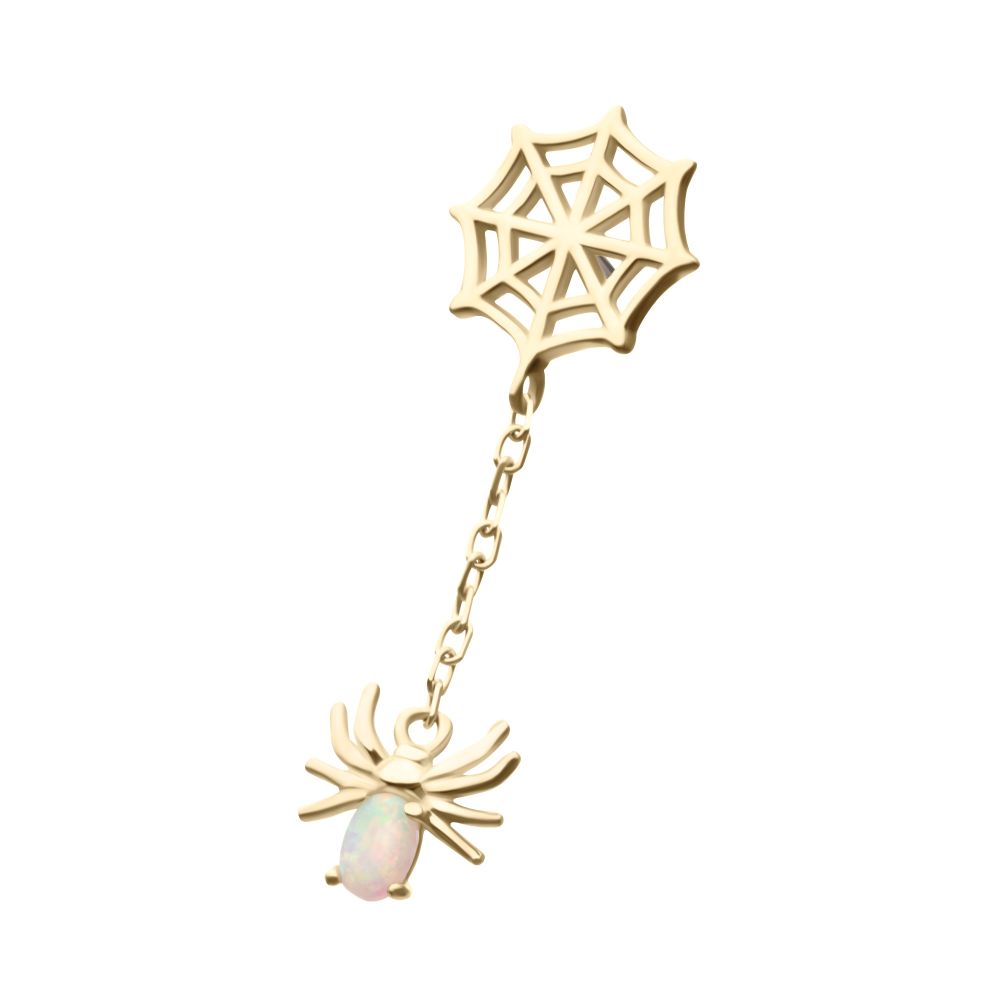 14Kt Gold Threadless Spiderweb Top with Prong Set Gem/Opal Spider Dangle