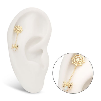 14Kt Gold Threadless Spiderweb Top with Prong Set Gem/Opal Spider Dangle