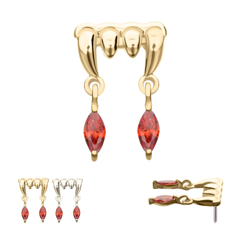 14Kt Gold Threadless Dripping Fangs Top with Garnet Marquise Gem Dangle
