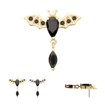 14Kt Gold Threadless Prong Set Gem Flying Bat Top with Black Marquise Dangle