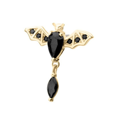14Kt Gold Threadless Prong Set Gem Flying Bat Top with Black Marquise Dangle