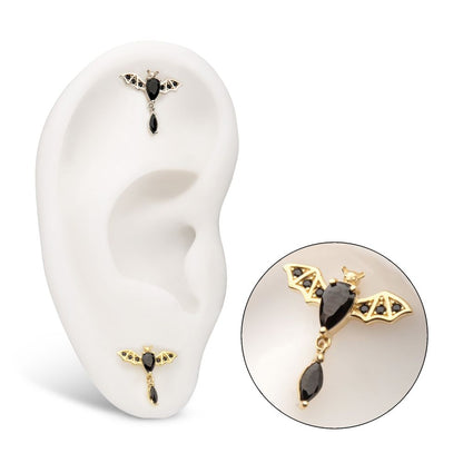 14Kt Gold Threadless Prong Set Gem Flying Bat Top with Black Marquise Dangle