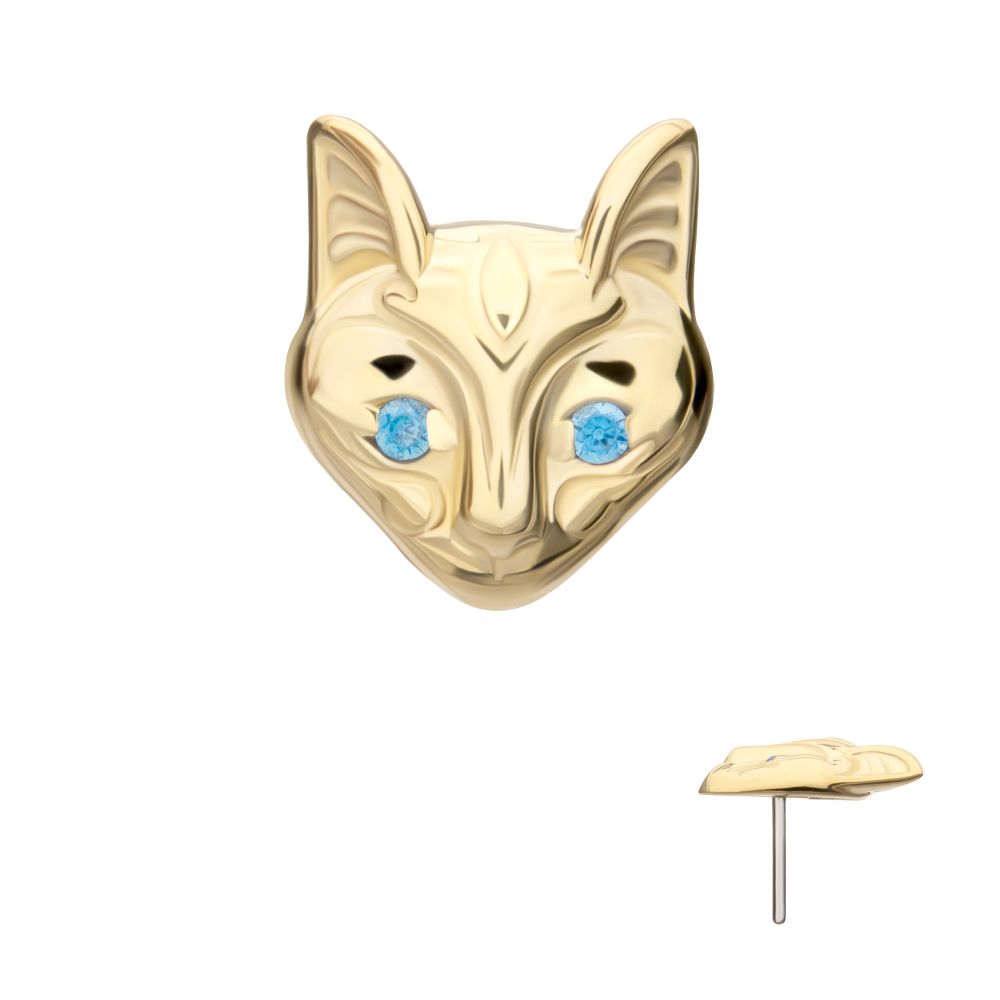 14Kt Yellow Gold Threadless Etched Sphynx Cat Head Top with Aqua Gem Eyes