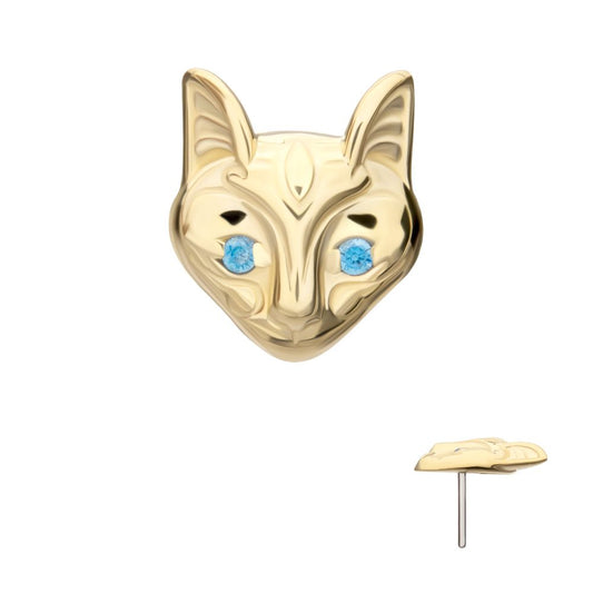 14Kt Yellow Gold Threadless Etched Sphynx Cat Head Top with Aqua Gem Eyes