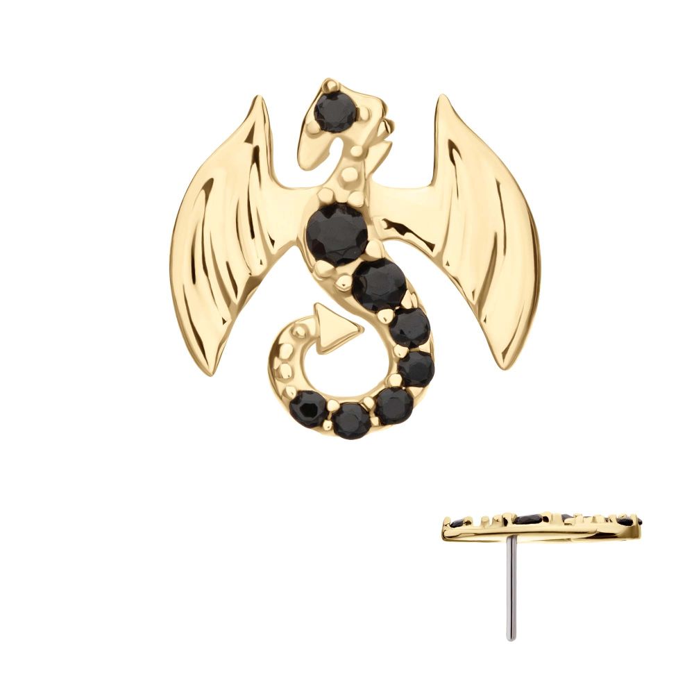 14Kt Yellow Gold Threadless Winged Dragon with Prong Set Black Gem Top