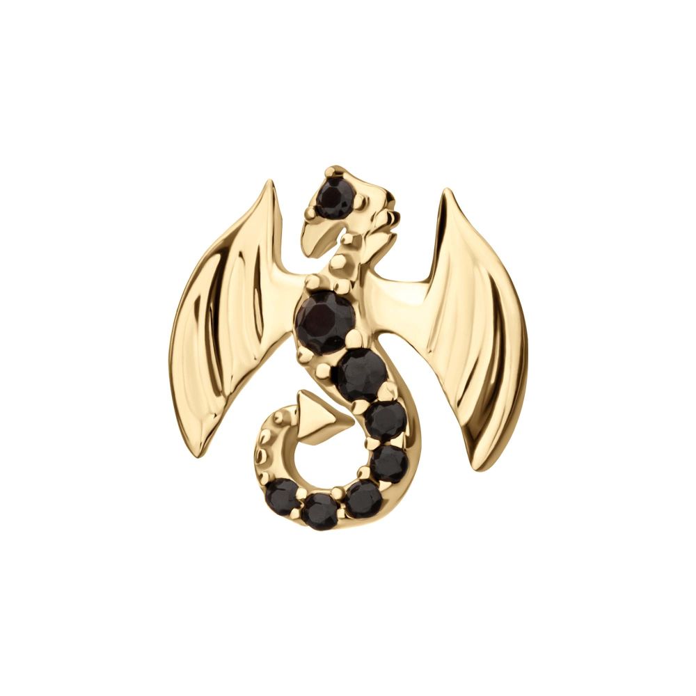 14Kt Yellow Gold Threadless Winged Dragon with Prong Set Black Gem Top