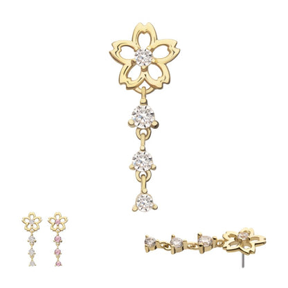 14Kt Yellow Gold Threadless Cut Out Cherry Blossom Flower Top with Triple Prong Set Gem Dangle