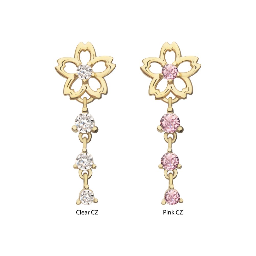 14Kt Yellow Gold Threadless Cut Out Cherry Blossom Flower Top with Triple Prong Set Gem Dangle