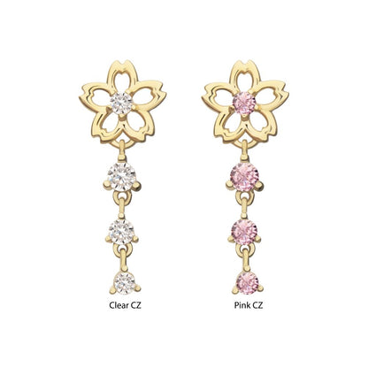 14Kt Yellow Gold Threadless Cut Out Cherry Blossom Flower Top with Triple Prong Set Gem Dangle