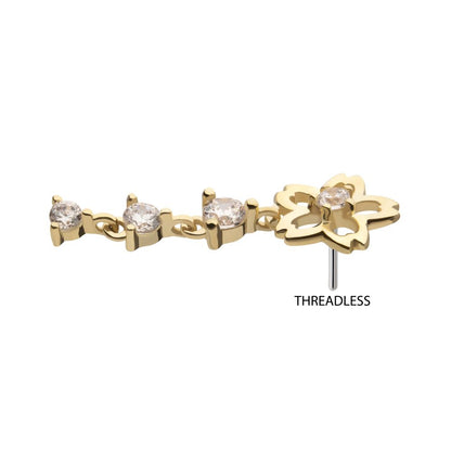 14Kt Yellow Gold Threadless Cut Out Cherry Blossom Flower Top with Triple Prong Set Gem Dangle