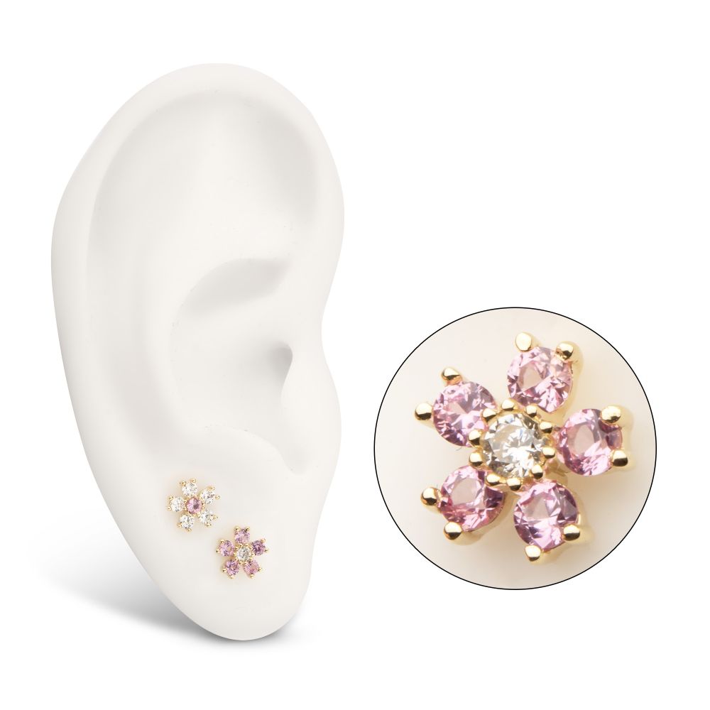 14Kt Yellow Gold Threadless Cherry Blossom Flower Top with 5-Petal Prong Set Gem