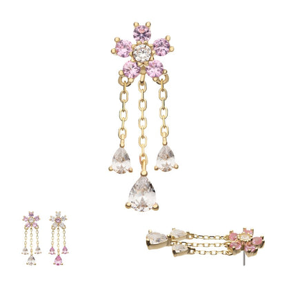 14Kt Yellow Gold Threadless 5-Petal Prong Set Gem Cherry Blossom Flower Top with Triple Teardrop Dangle