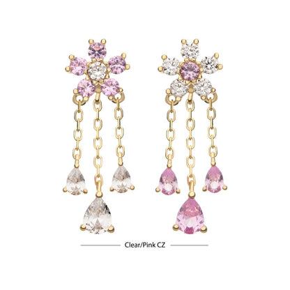 14Kt Yellow Gold Threadless 5-Petal Prong Set Gem Cherry Blossom Flower Top with Triple Teardrop Dangle