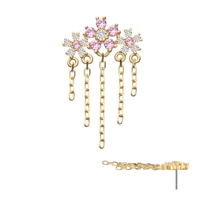 14Kt Yellow Gold Threadless Prong Set Gem Triple Cherry Blossom Flower Top with 5-Chain Dangle