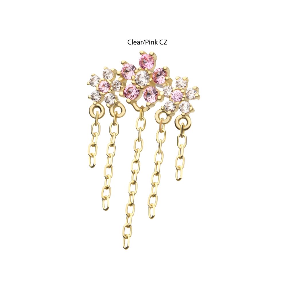 14Kt Yellow Gold Threadless Prong Set Gem Triple Cherry Blossom Flower Top with 5-Chain Dangle
