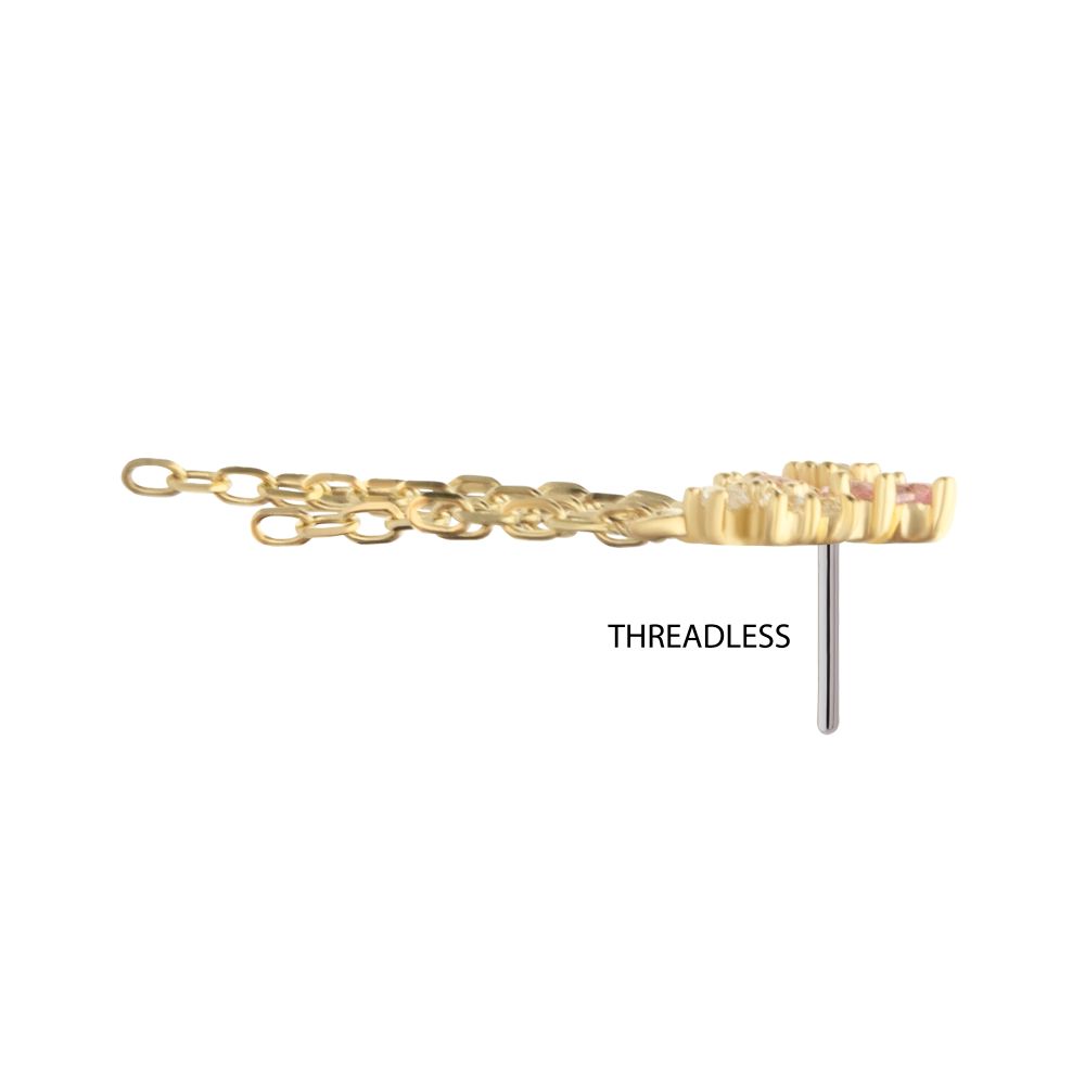 14Kt Yellow Gold Threadless Prong Set Gem Triple Cherry Blossom Flower Top with 5-Chain Dangle