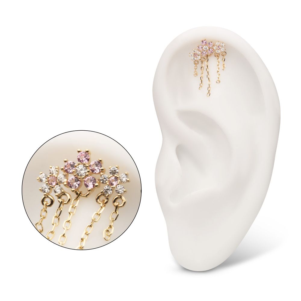 14Kt Yellow Gold Threadless Prong Set Gem Triple Cherry Blossom Flower Top with 5-Chain Dangle