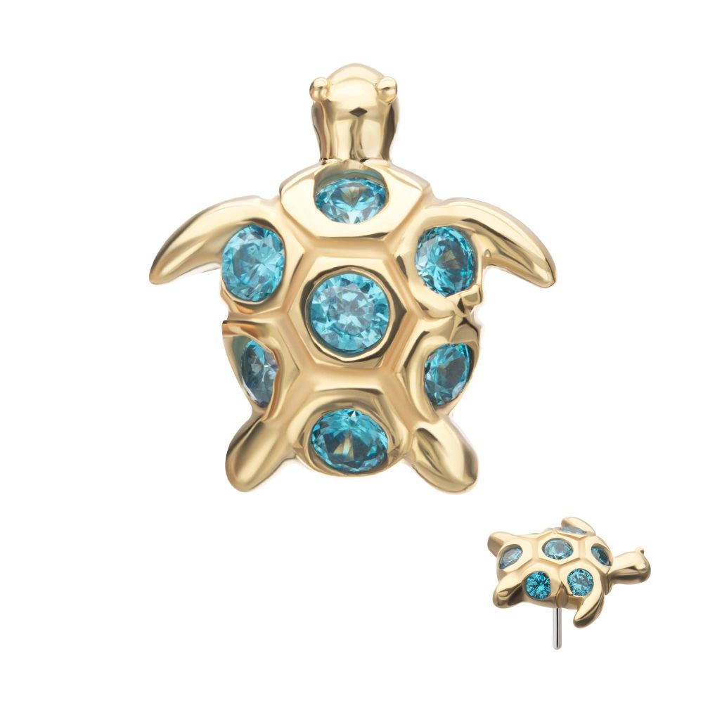 14kt Yellow Gold Threadless 2D Sea Turtle Top with Bezel Aqua Gem