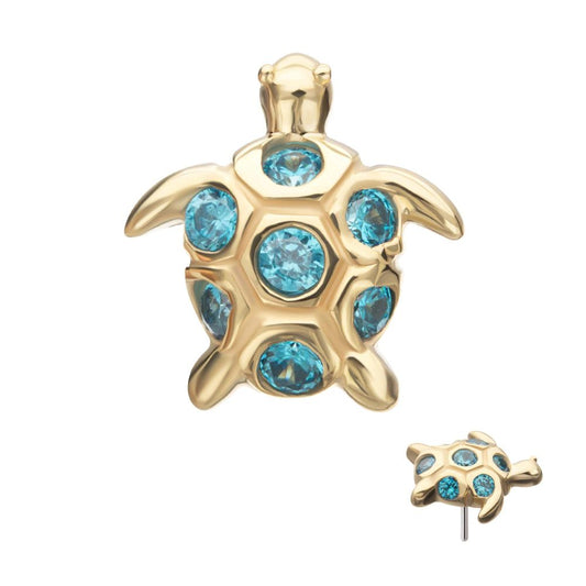 14kt Yellow Gold Threadless 2D Sea Turtle Top with Bezel Aqua Gem